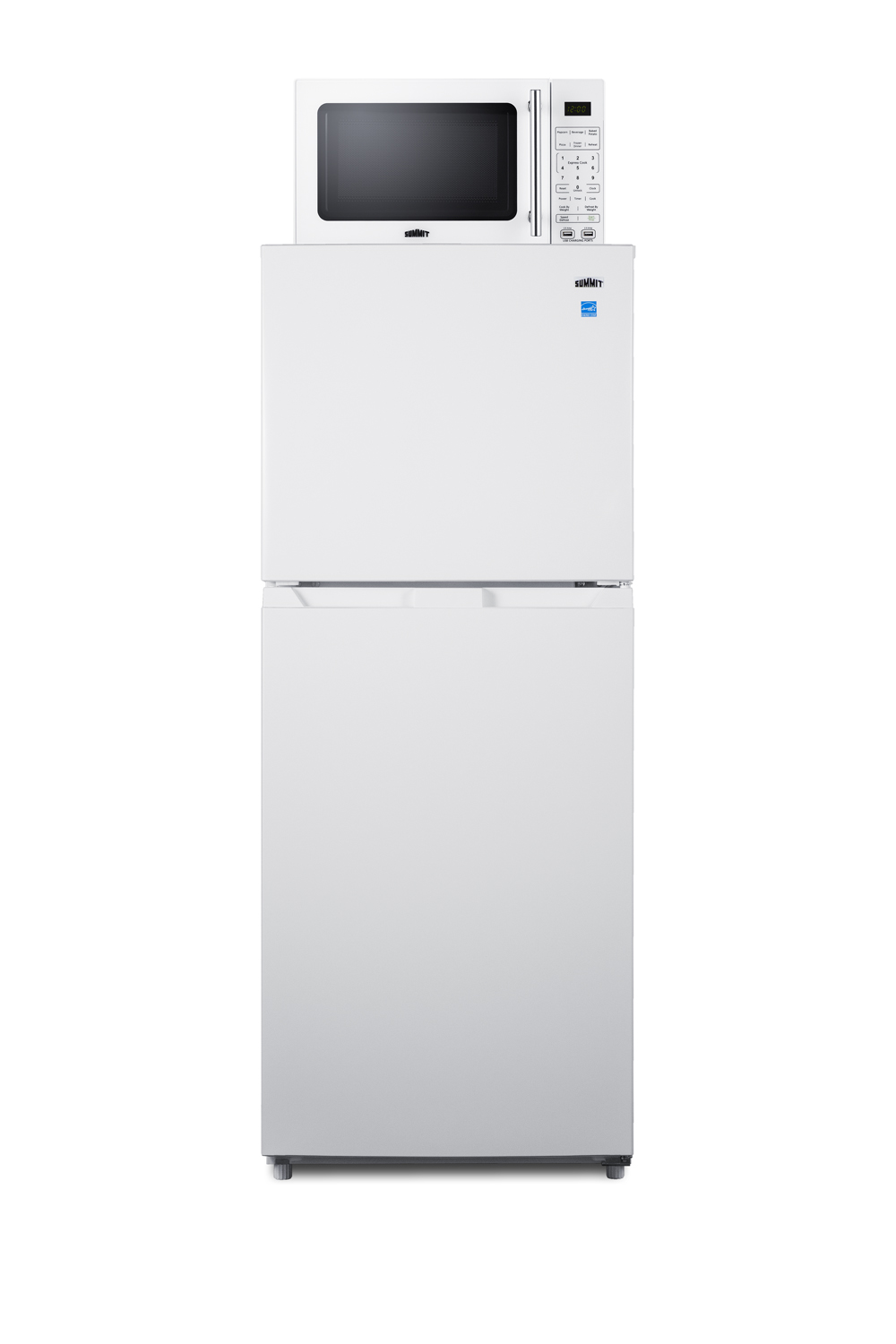 Frost-free 10.1 cu.ft. refrigerator-freezer and compact microwave in white with allocator and USB ports for 1-plug operation; ships fully assembled